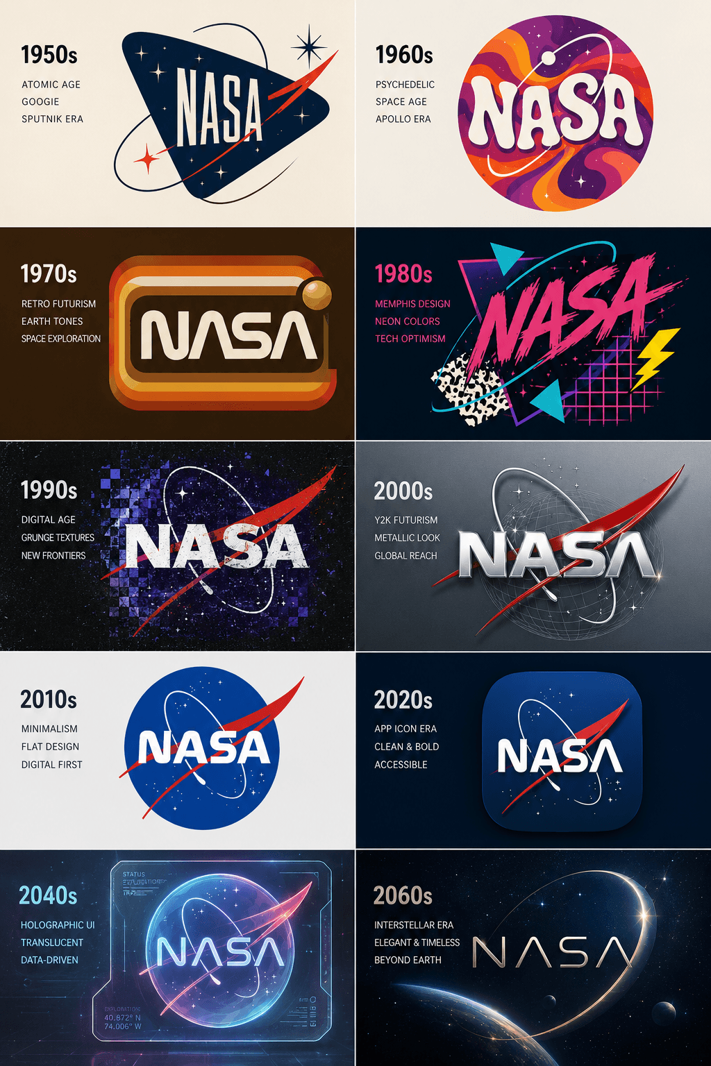 NASA logo redesigned for each decade from the 1950s to the 2060s: a visual infographic showing Atomic Age, Psychedelic, Retro Futurism, Memphis, Digital Grunge, Y2K Metallic, Flat Design, App Icon, Holographic, and Interstellar design styles