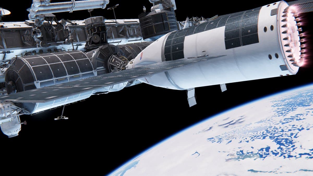 Concept image of the SpaceX United States Deorbit Vehicle attached near the International Space Station
