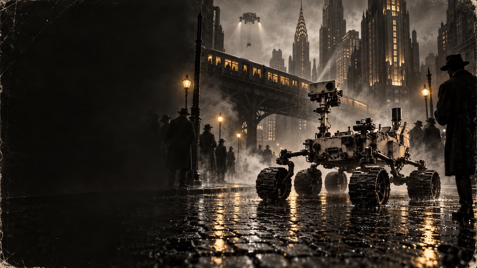 Comic illustration of Curiosity on a rain-soaked New York street beneath an elevated train