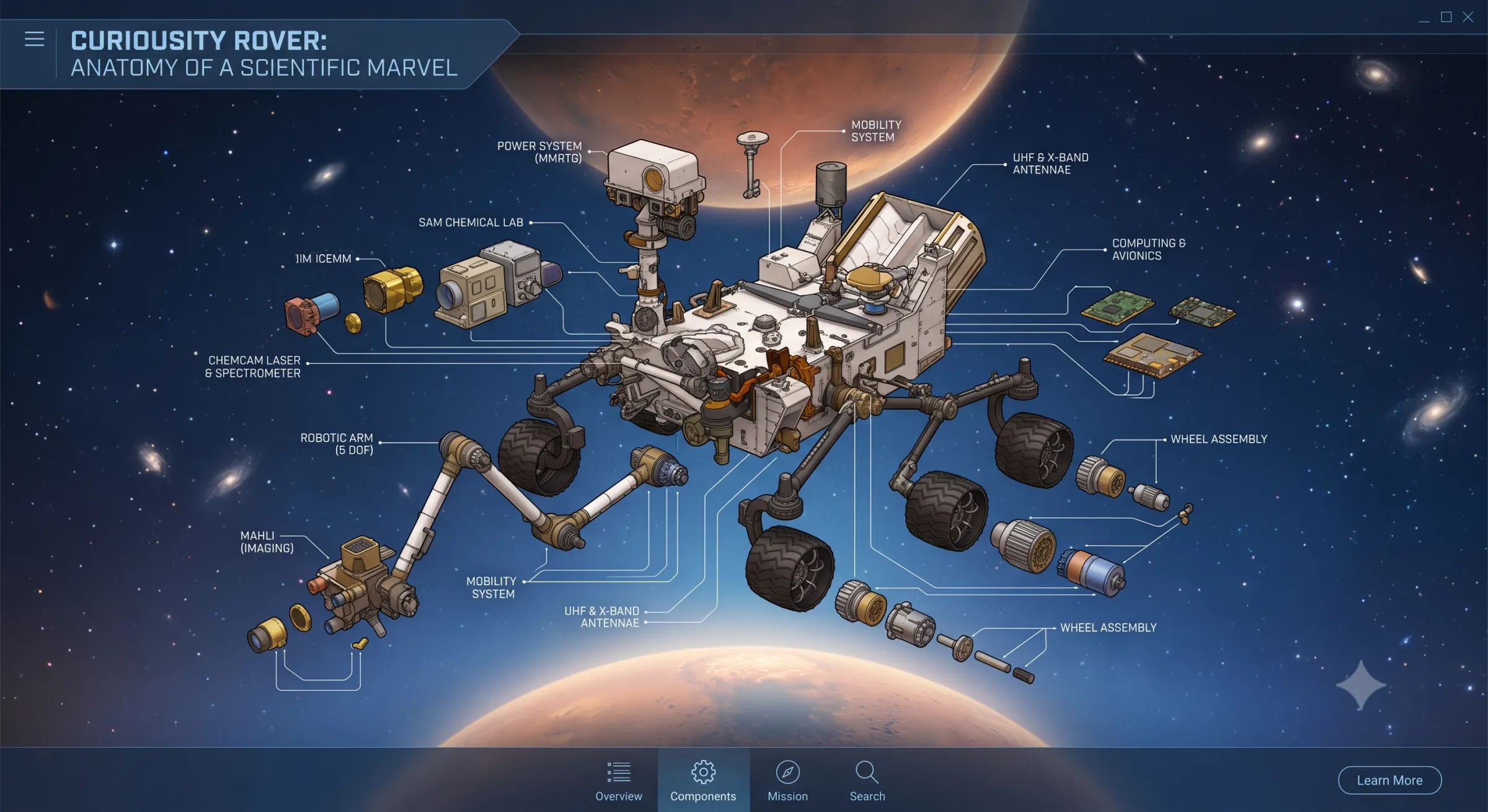 Stylized exploded concept illustration of Curiosity rover components