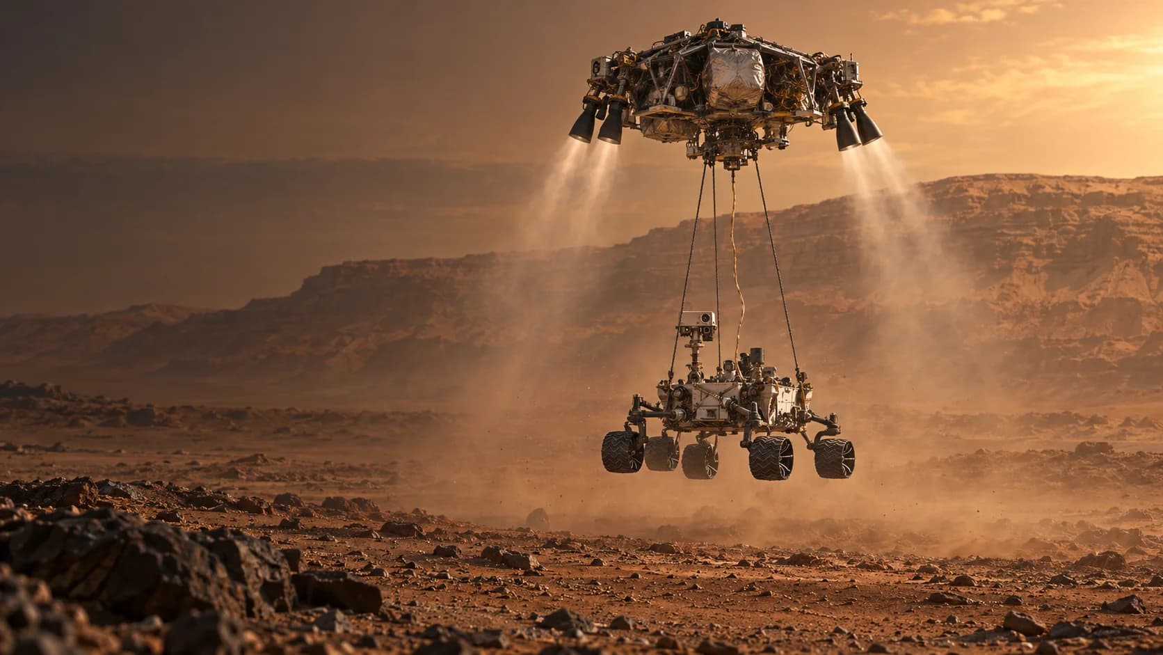 Concept visualization of the Curiosity rover suspended beneath its powered descent stage during the Sky Crane maneuver on Mars
