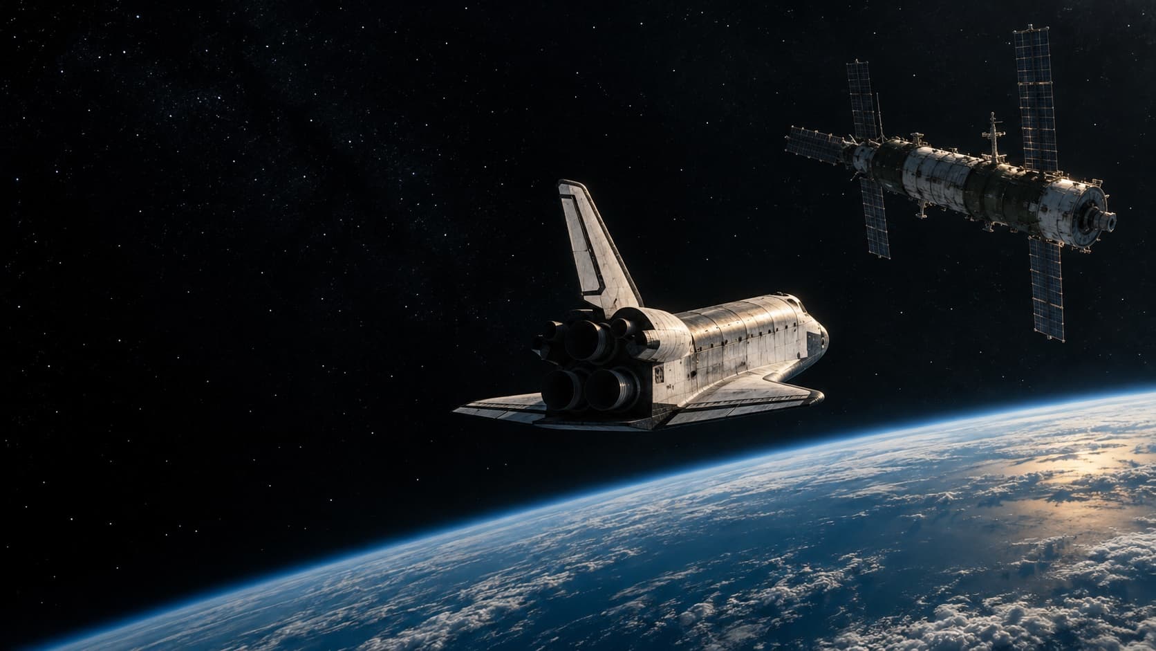 Concept illustration of a Space Shuttle approaching the disabled Salyut 7 space station above Earth