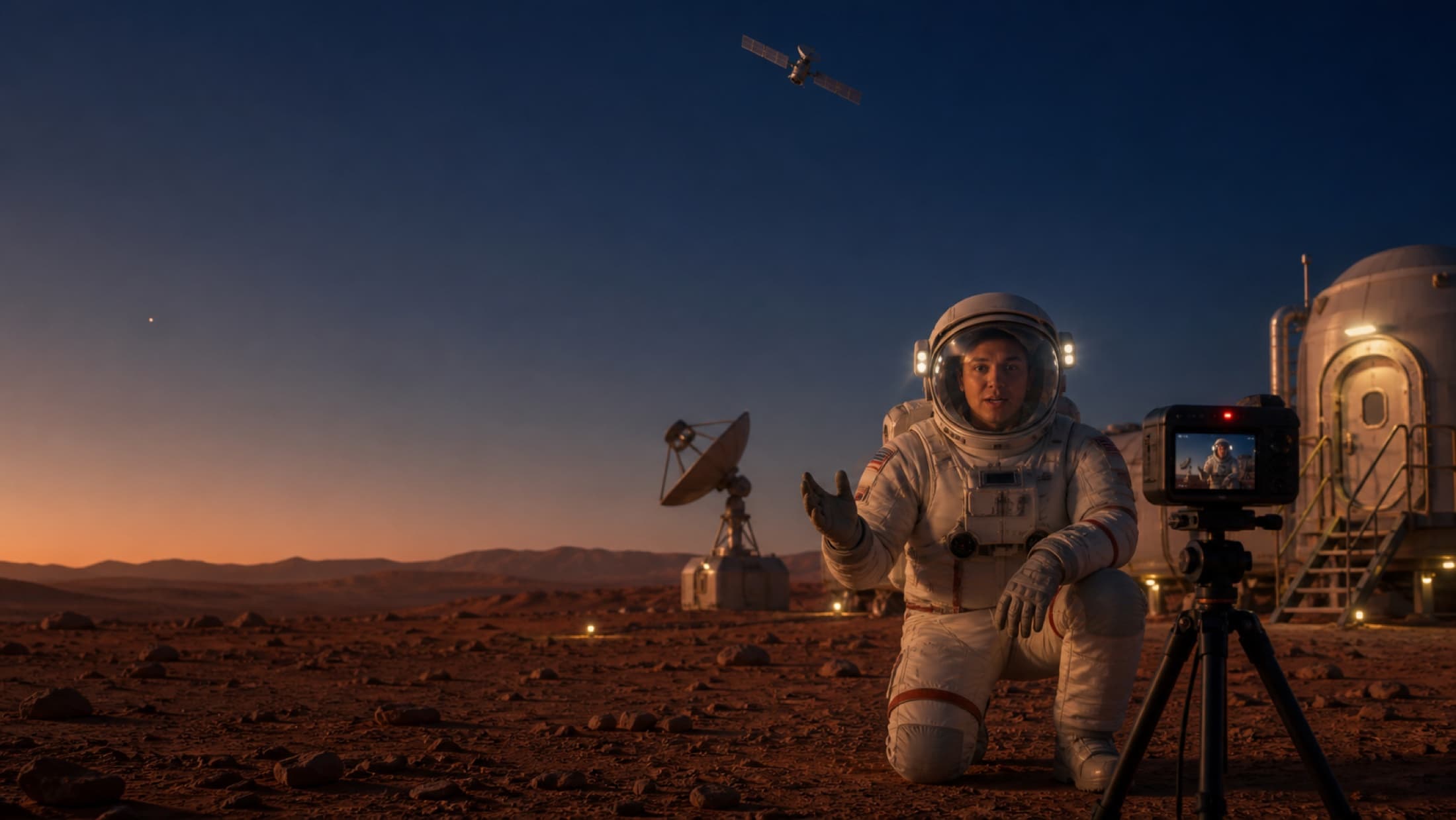 Concept of an astronaut broadcasting from Mars beside a camera and communications antenna