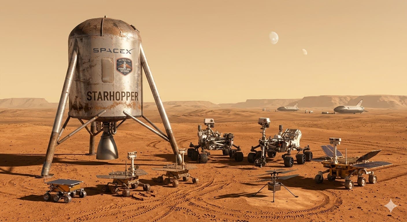 Concept artwork of Starhopper and Mars rovers gathered on the Martian surface