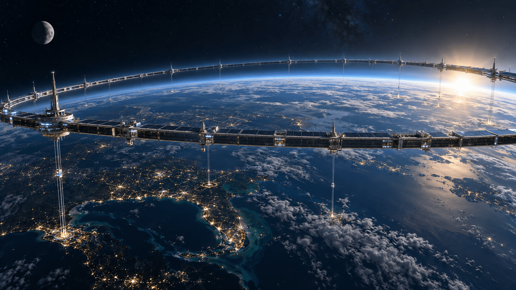 Concept illustration of a vast orbital ring encircling Earth with tether elevators descending to cities