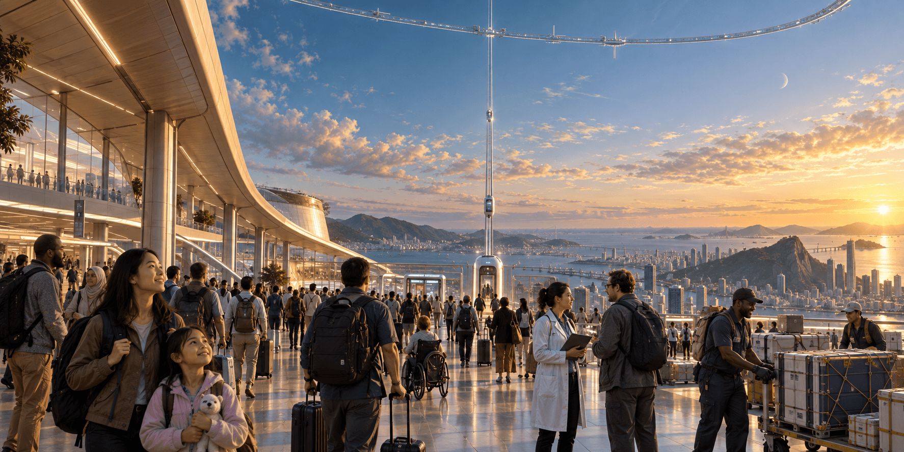 Concept of people from many backgrounds using a public orbital-ring transit terminal with a space elevator and the ring above