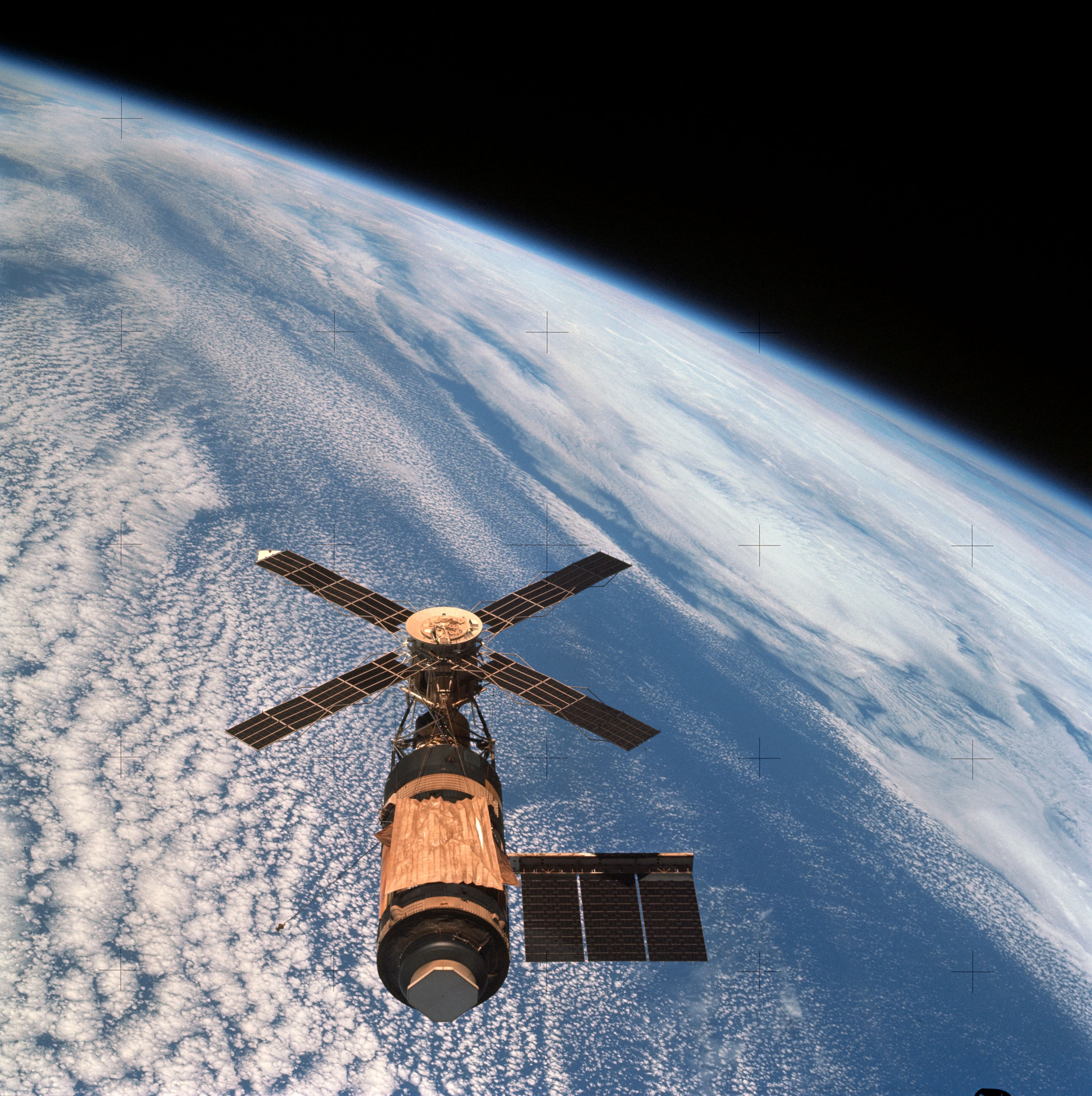 Skylab photographed by its final departing crew in February 1974