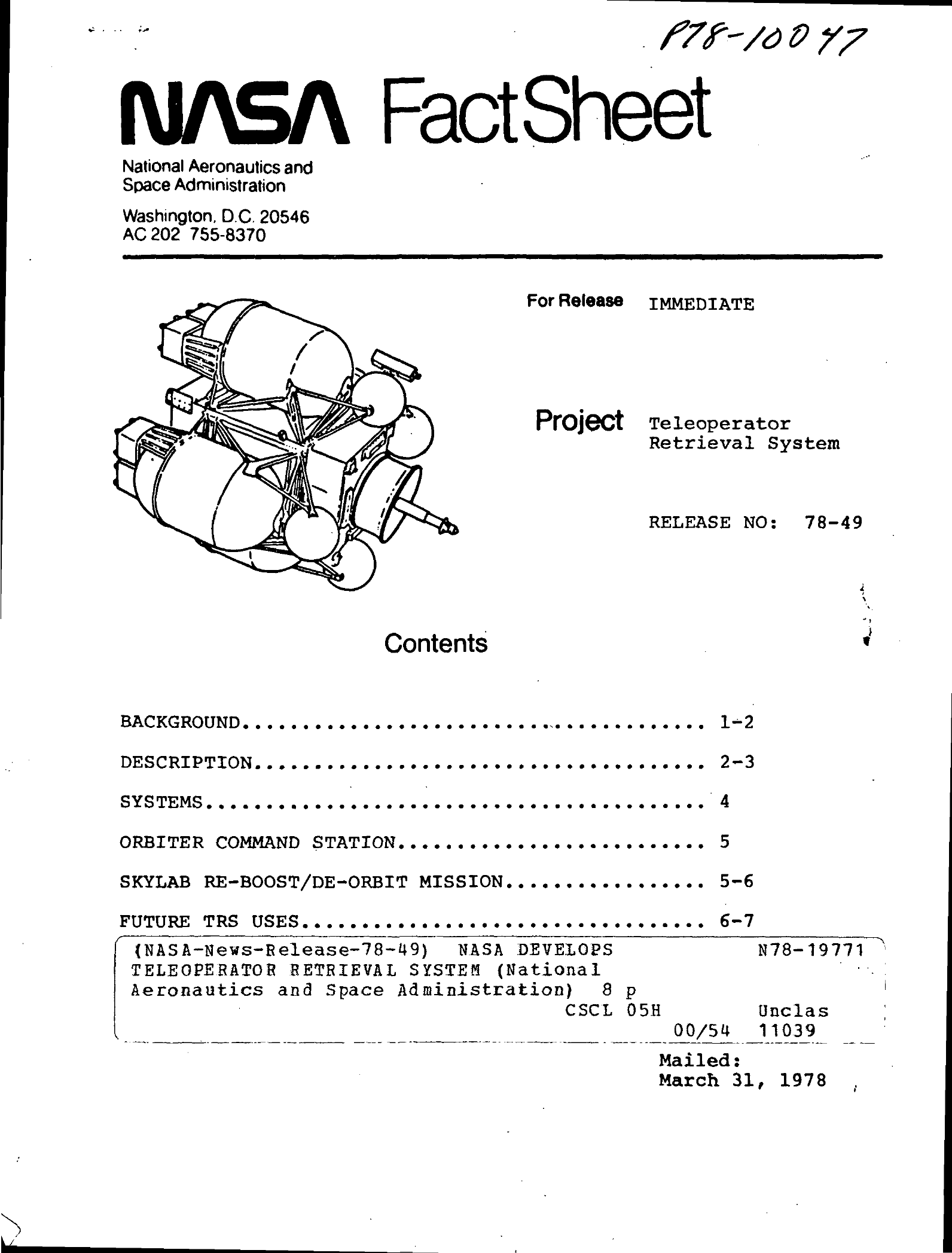 Cover of NASA's March 1978 Teleoperator Retrieval System fact sheet, showing the spacecraft configuration