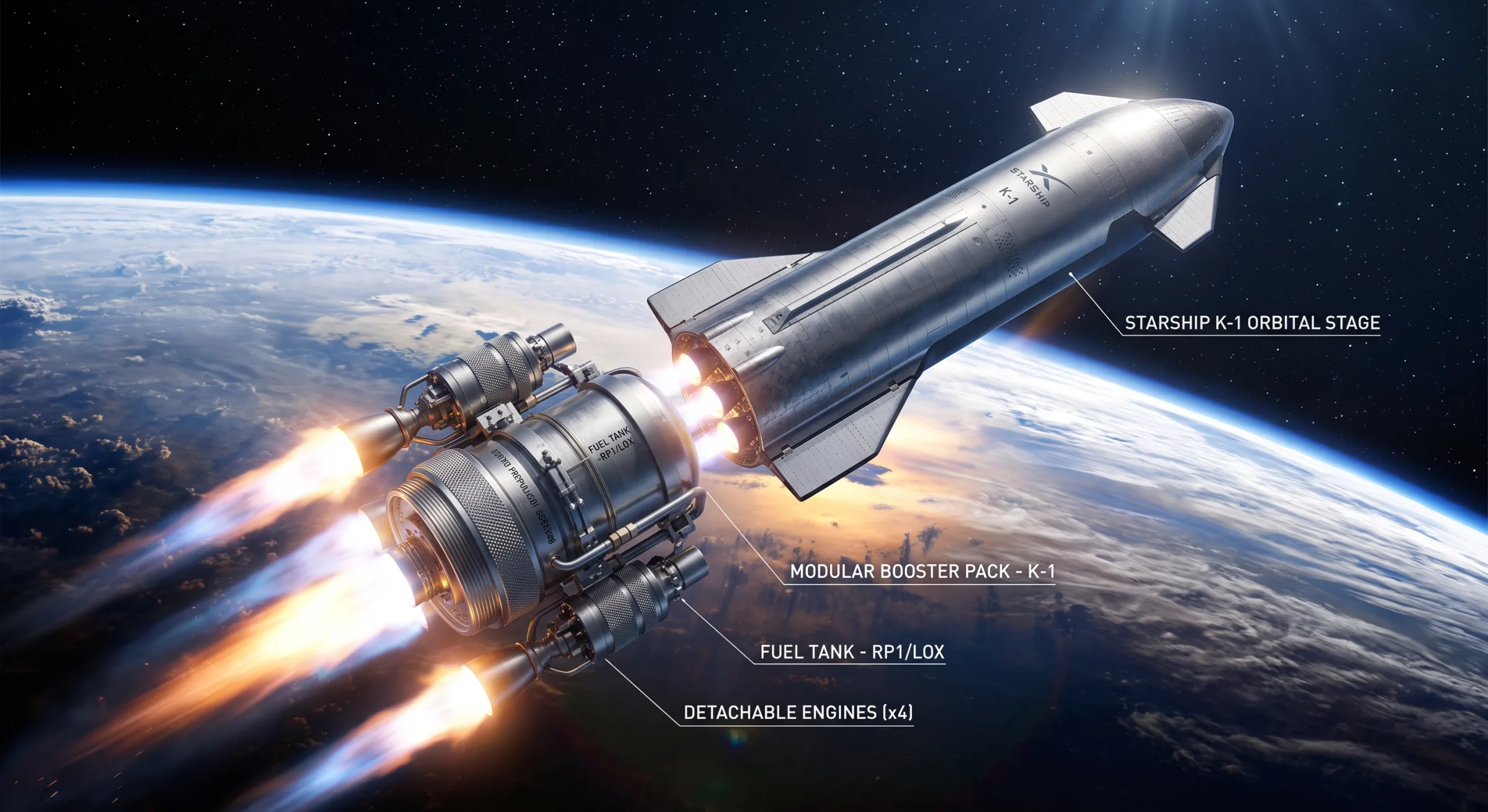 Supplied concept artwork showing a stainless-steel K-1 orbital vehicle and detachable propulsion modules above Earth