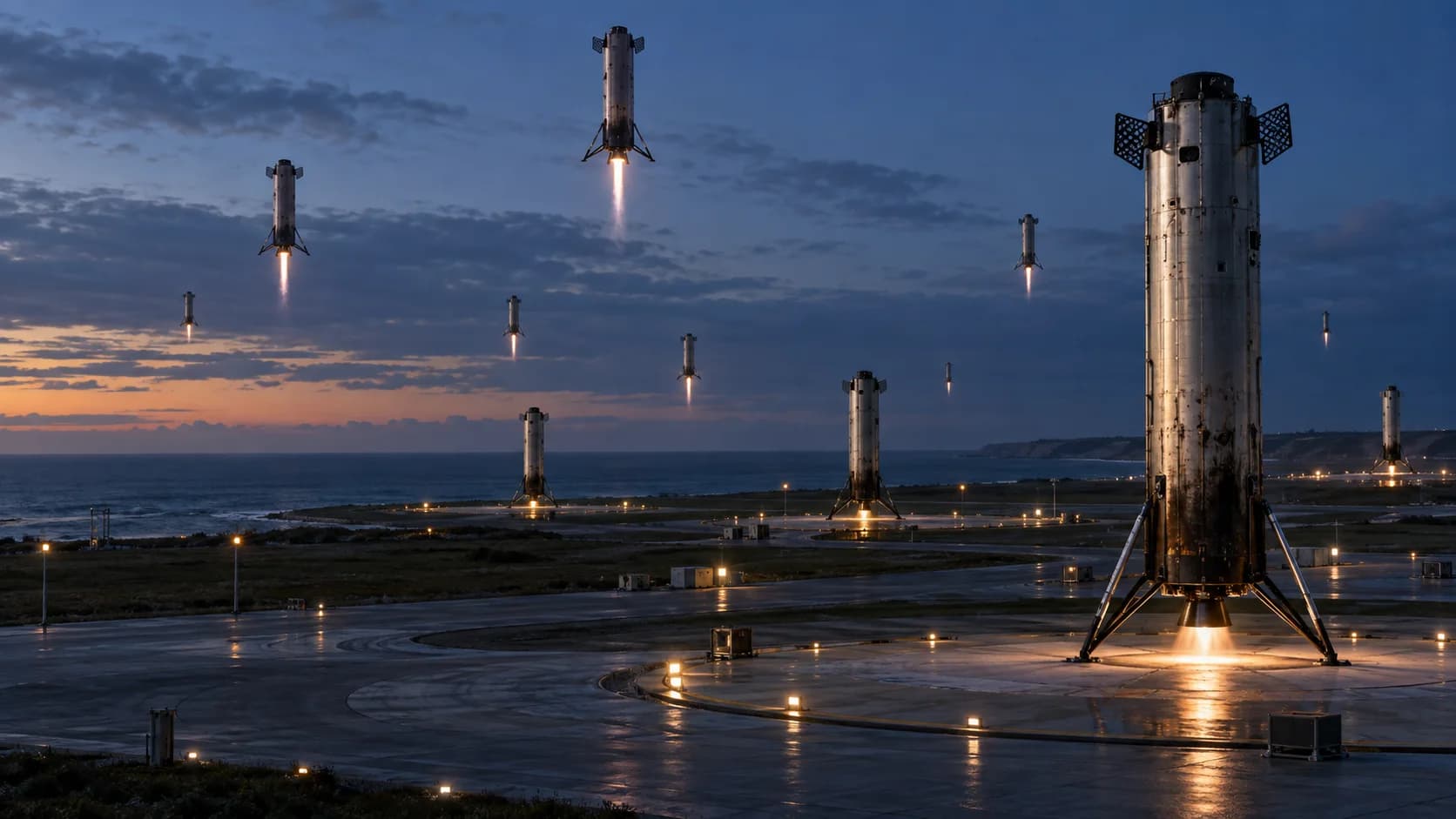 Speculative swarm of autonomous engine pods landing on widely separated coastal pads